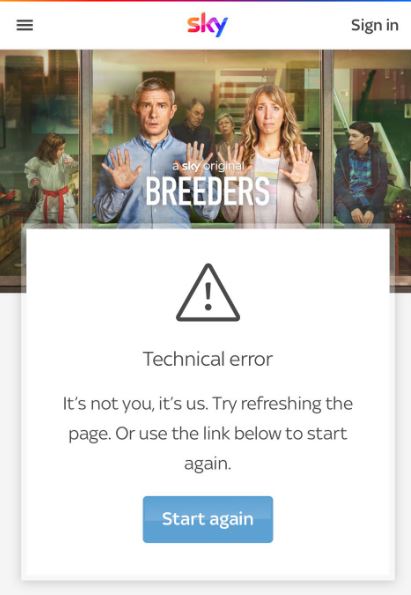 Technical error message with "Start again" button.