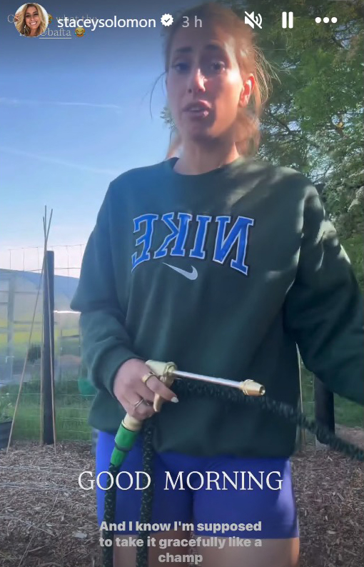 Stacey Solomon Instagram video:  upset after BAFTA loss, watering plants.
