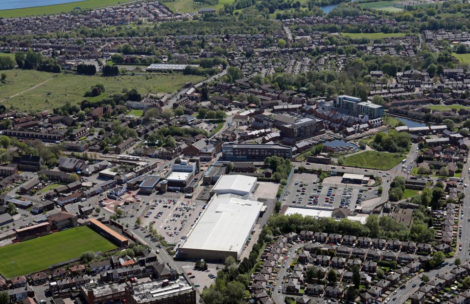 Aerial view of Droylsden Shopping Centre in Manchester.