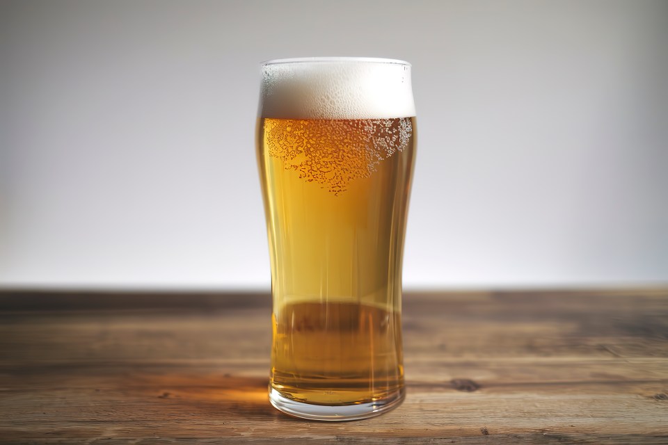Tall glass of beer on a wooden table.