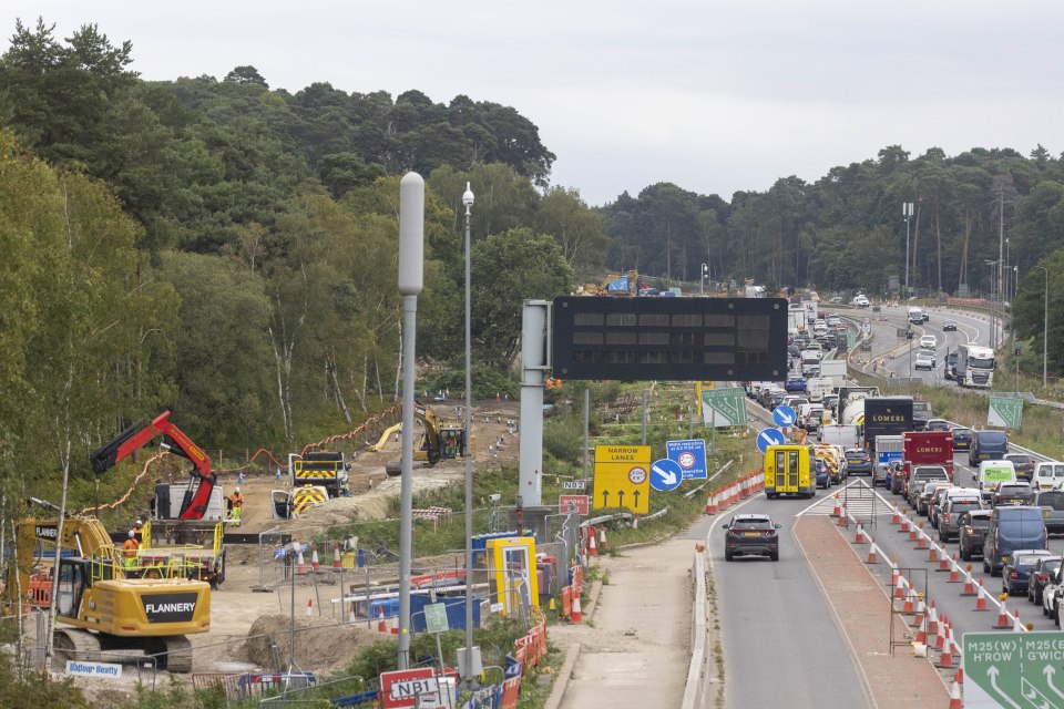 Traffic queue near roadworks on the A3.