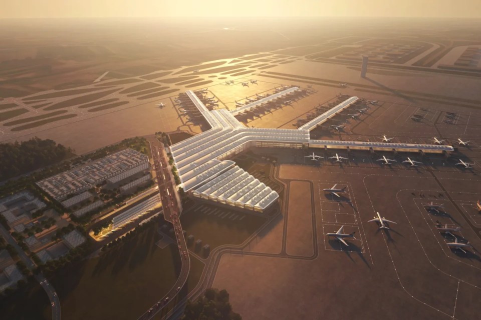 Aerial illustration of an airport terminal and runways.