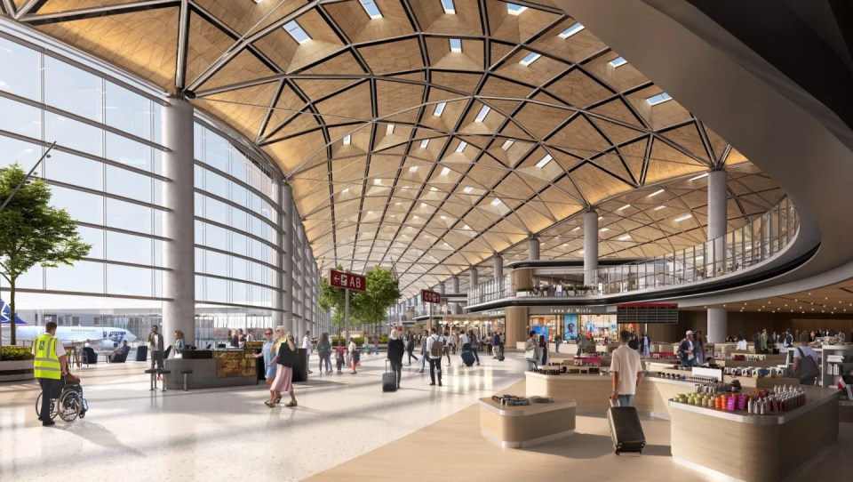 Illustration of an airport terminal interior with passengers and shops.