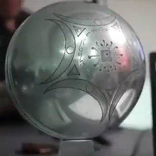 Sphere-shaped object with etched symbols, reportedly a UFO that crash-landed in Buga, Colombia.