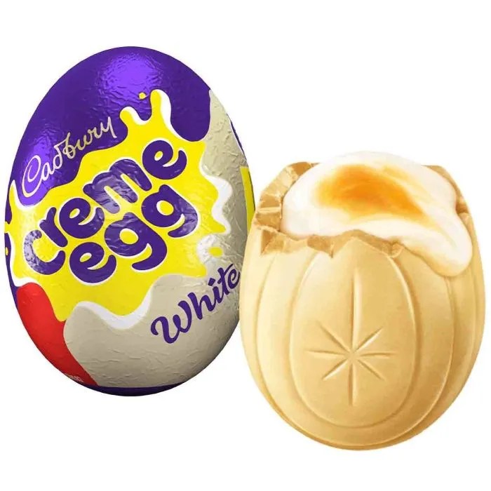 Cadbury Creme Egg White chocolate egg, opened to show the inside.