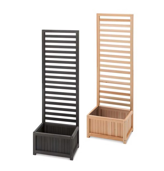 Two wooden planter boxes with trellises.