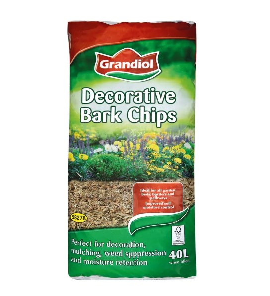 Bag of Grandiol Decorative Bark Chips for weed suppression and moisture retention.