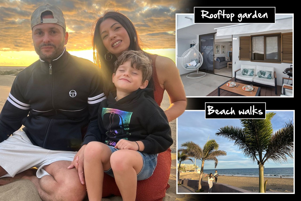 Collage of a family on a beach, a rooftop garden, and a beach walk.