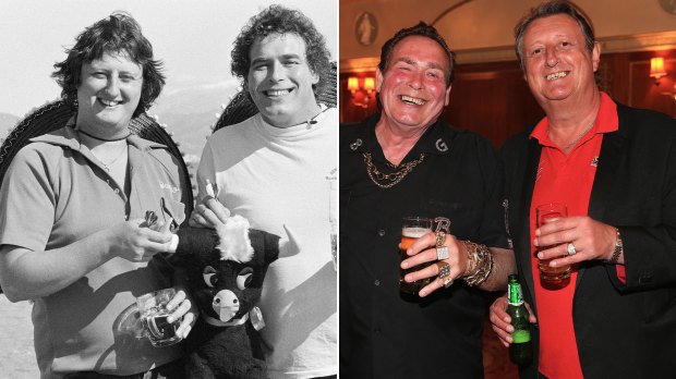 Split image showing two dart players, one in a past black and white photo and the other in a current color photo.