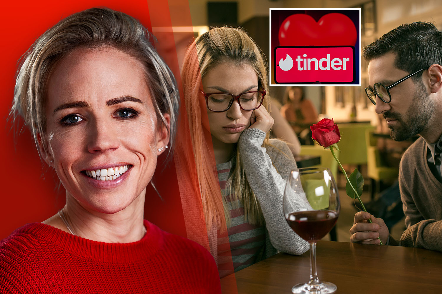 Collage of a woman, a Tinder logo, and a couple on a date.