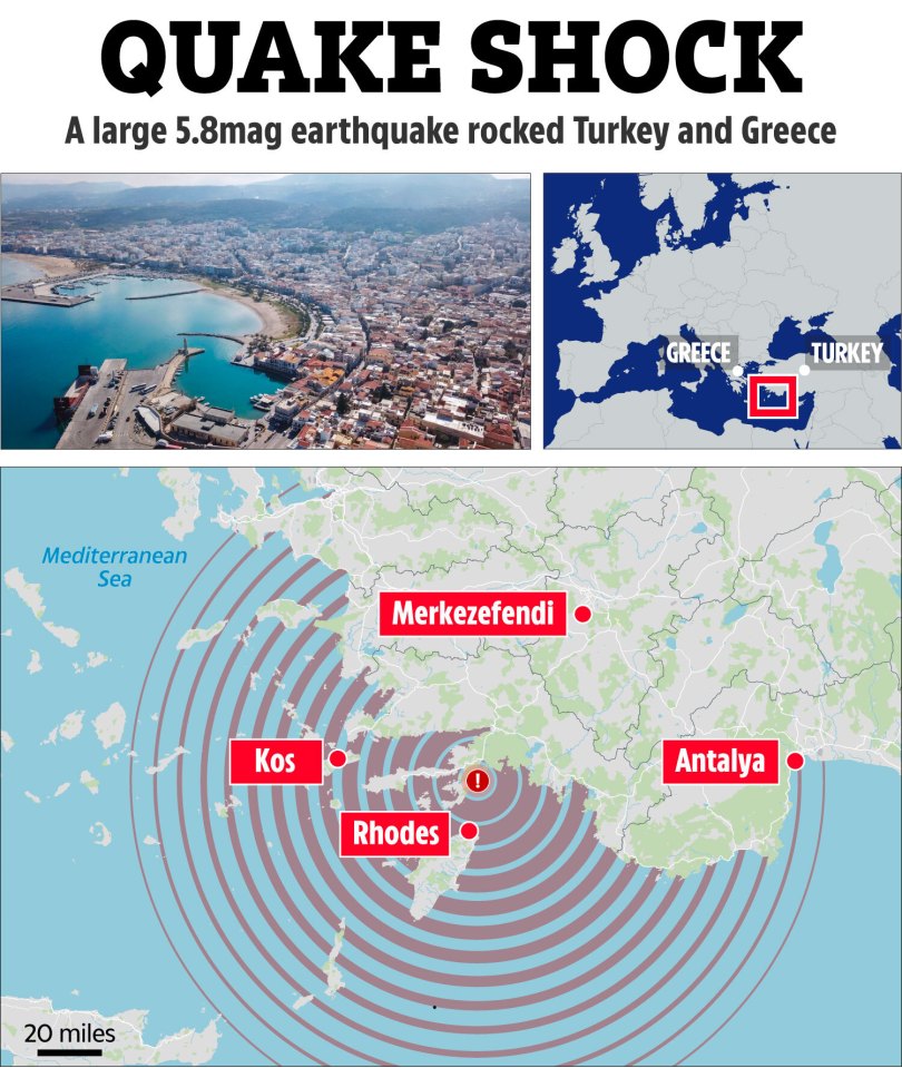 Map showing the impact area of a 5.8 magnitude earthquake in Turkey and Greece.