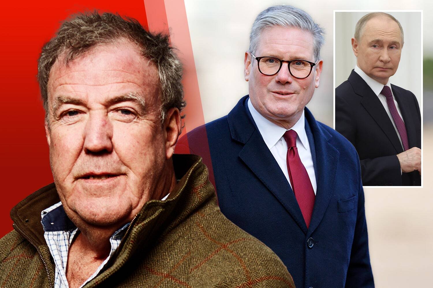 Collage of Jeremy Clarkson, Vladimir Putin, and another man.