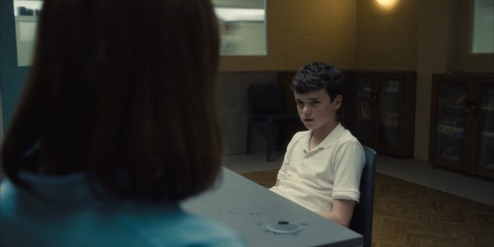 Still from *Adolescence* showing Jamie Miller (Owen Cooper) in an interview.