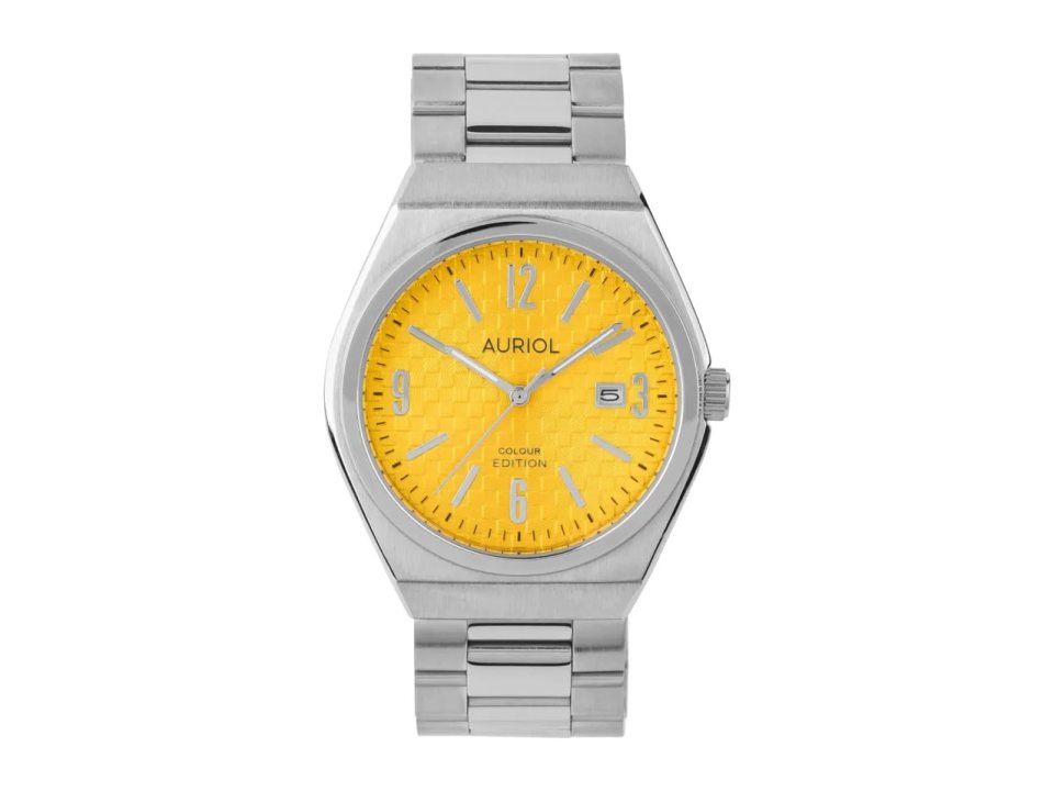 Auriol yellow watch with silver band.