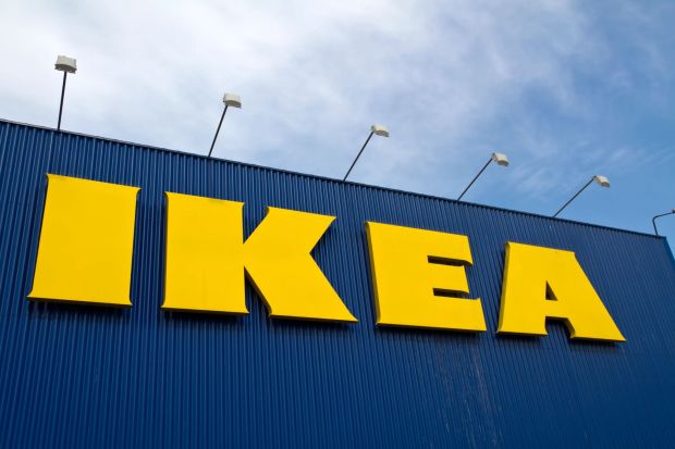 An image collage containing 1 images, Image 1 shows IKEA sign on a blue building