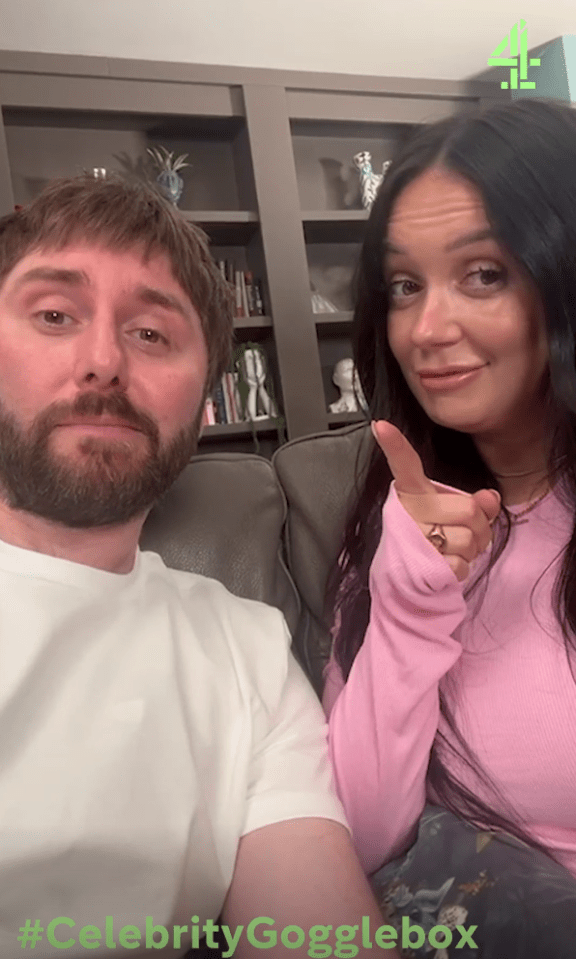 Two people sitting on a couch, smiling for a selfie.  #CelebrityGogglebox.