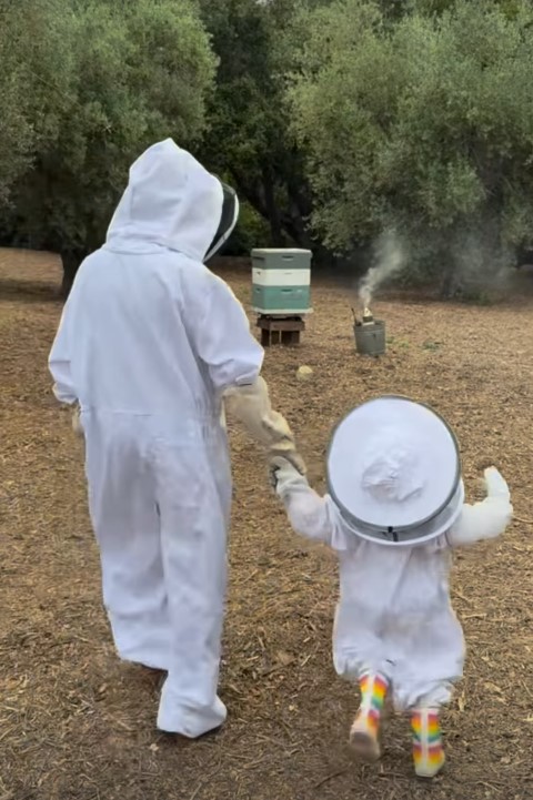 A woman and child in beekeeping suits near beehives.
