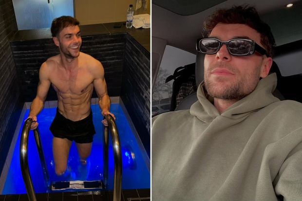 An image collage containing 2 images, Image 1 shows Man entering a blue-lit pool, Image 2 shows Man in a green hoodie and sunglasses sitting in a car