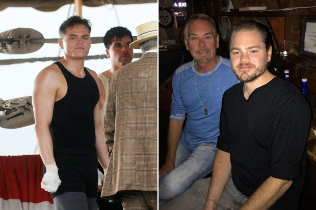 An image collage containing 2 images, Image 1 shows Devin Harjes filming a scene for *Boardwalk Empire*, Image 2 shows Two men posing for a photo