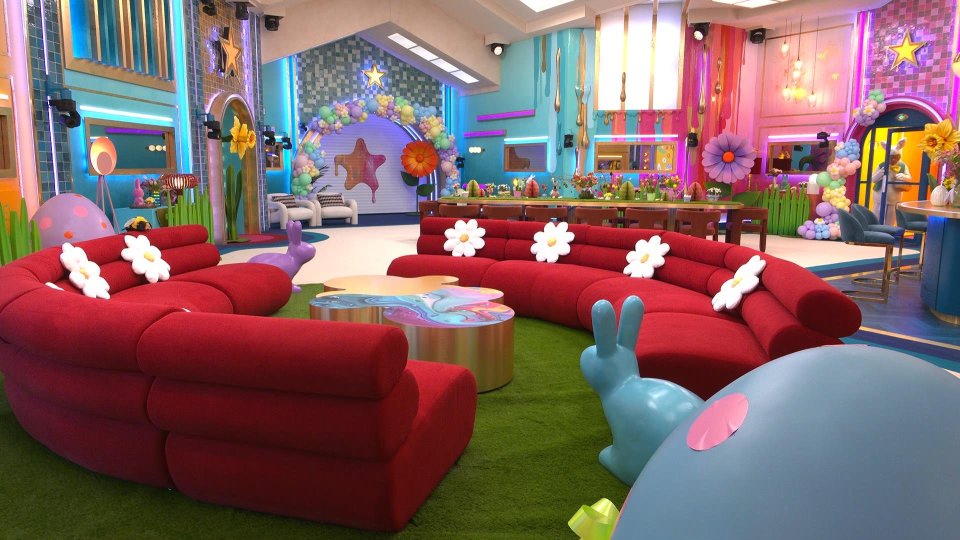 Easter-themed "Celebrity Big Brother" living room set.