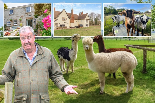 Collage of a man standing in a field with alpacas and images of farmhouses.