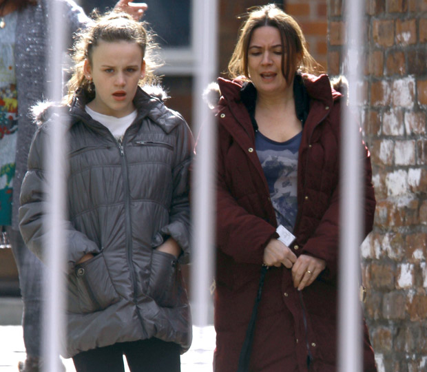 'Coronation Street' Stars pictured at the ITV Studios for filming in Manchester, England - Anna and Faye Windass