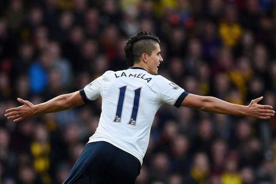 Erik Lamela celebrates scoring against Watford on the weekend