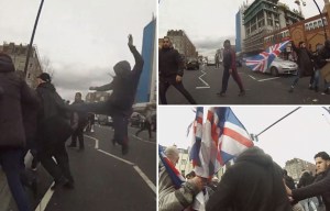Britain First demonstrator is booted with flying kick after right-wing mob provokes Muslims outside mosque