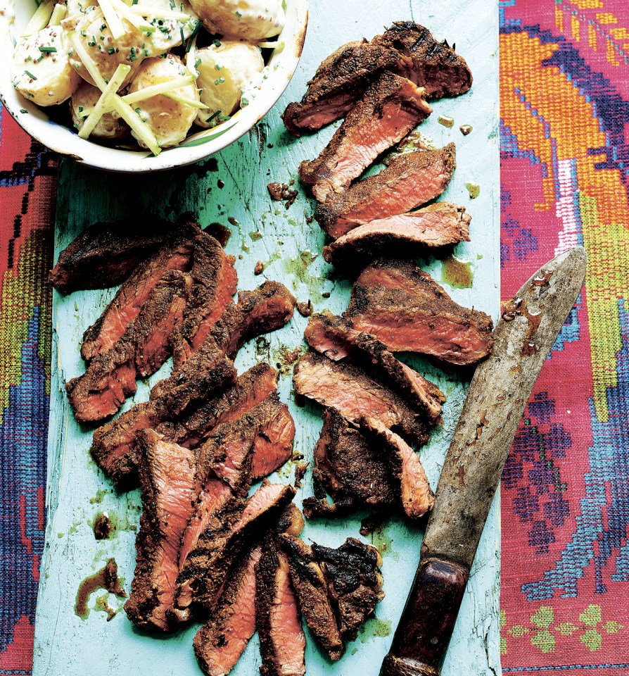 Blackened steak with samba potato salad