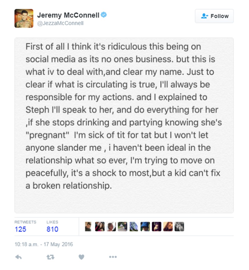 Jeremy took to Twitter to give his side of the story following the pregnancy news