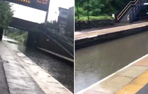 Incredible video shows a railway platform transformed into a CANAL after major flooding