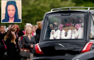 The coffin of Kirsty Aitchison arrives at her funeral at Daldowie Crematorium in Glasgow.