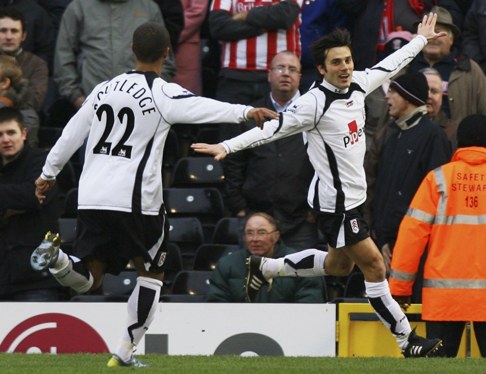 LONDON - JANUARY 27: Vincenzo Montella (R) of Fulham is congratulated by teammate Wayne Routledge after scoring the opening goal during the FA Cup sponsored by E.ON 4th round match between Fulham and Stoke City at Craven Cottage on January 27, 2007 in London, England. (Photo by Ryan Pierse/Getty Images)