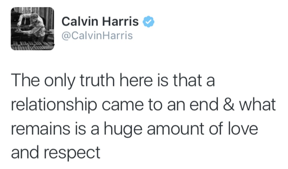 Calvin Harris Tweeted that his romance had come to an end with Taylor Swift and insisted there was no bad blood