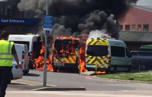 The moment ambulance explodes in ball of fire during blaze at hospital