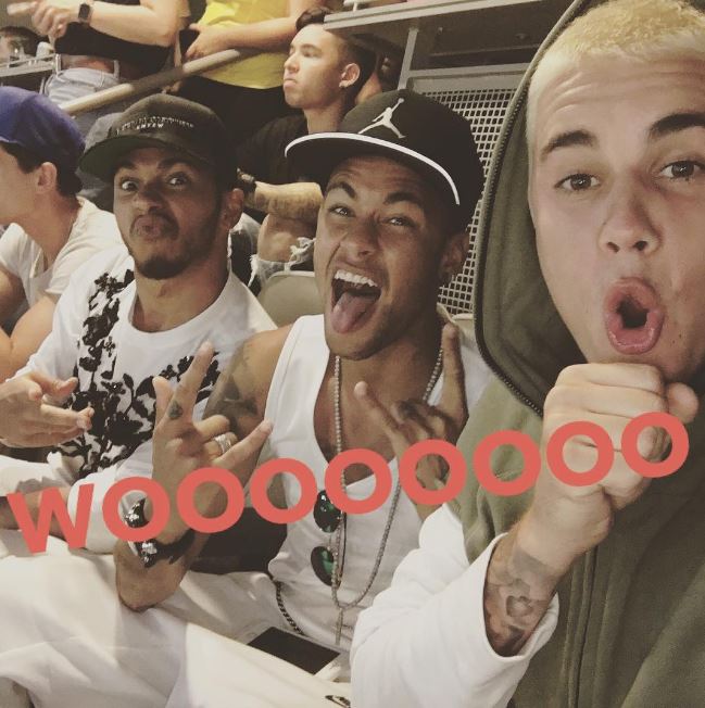 Neymar met up with worldwide pop sensation Justin Bieber and British F1 star Lewis Hamilton during his North America tour