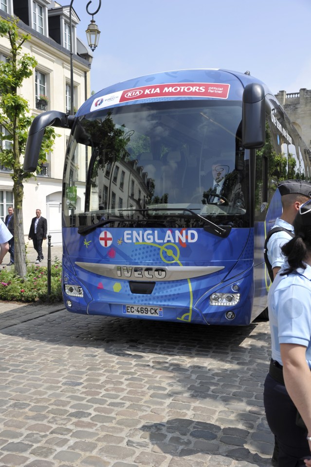 Englands team bus arrives at the village of Chantilly to set up their Euro 2016 camp