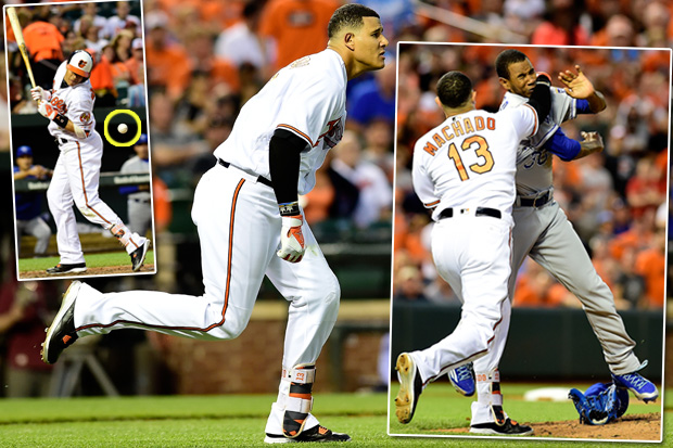 Manny Machado lands right hook on Yordano Ventura after foul pitch