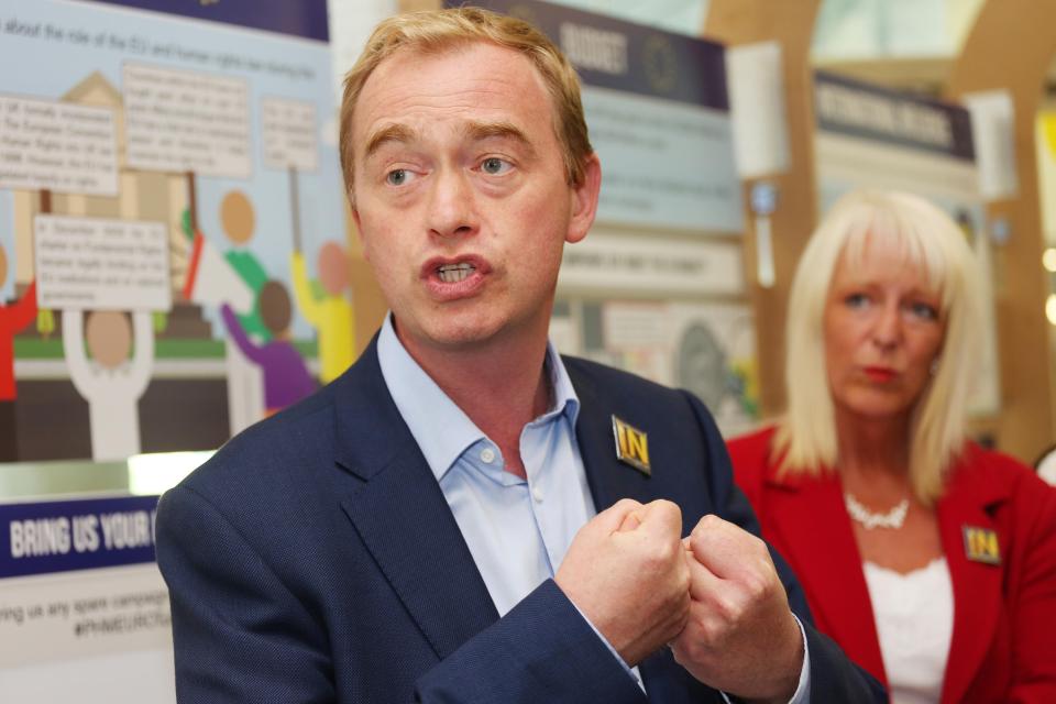 Manchester, UK. 9th June, 2016. Tim Farron MP in the 'IN / OUT Euro Tunnel' talking to visitors at the Peoples History Museum, Manchester, UK,9th June, 2016 ¿ Barbara Cook/Alamy Live News