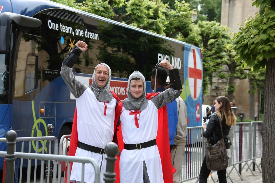 Two upbeat England fans arrive near the Three Lions' training camp in Chantilly dressed as knights