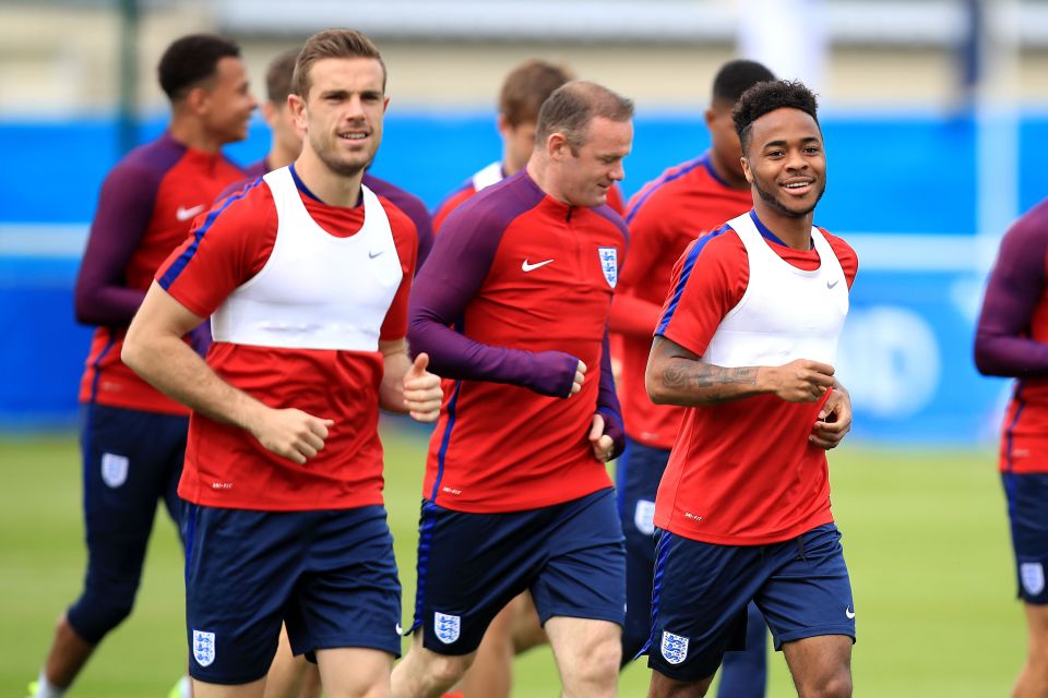 Jordan Henderson, Wayne Rooney and Raheem Sterling are all smiles in training