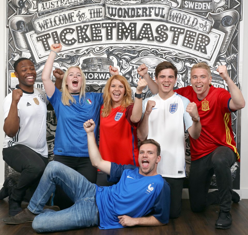 The guys and girls at Ticketmaster have put their kit on to help raise funds for the Bobby Moore fun, with Germany, Italy, England, Spain and France kits on display
