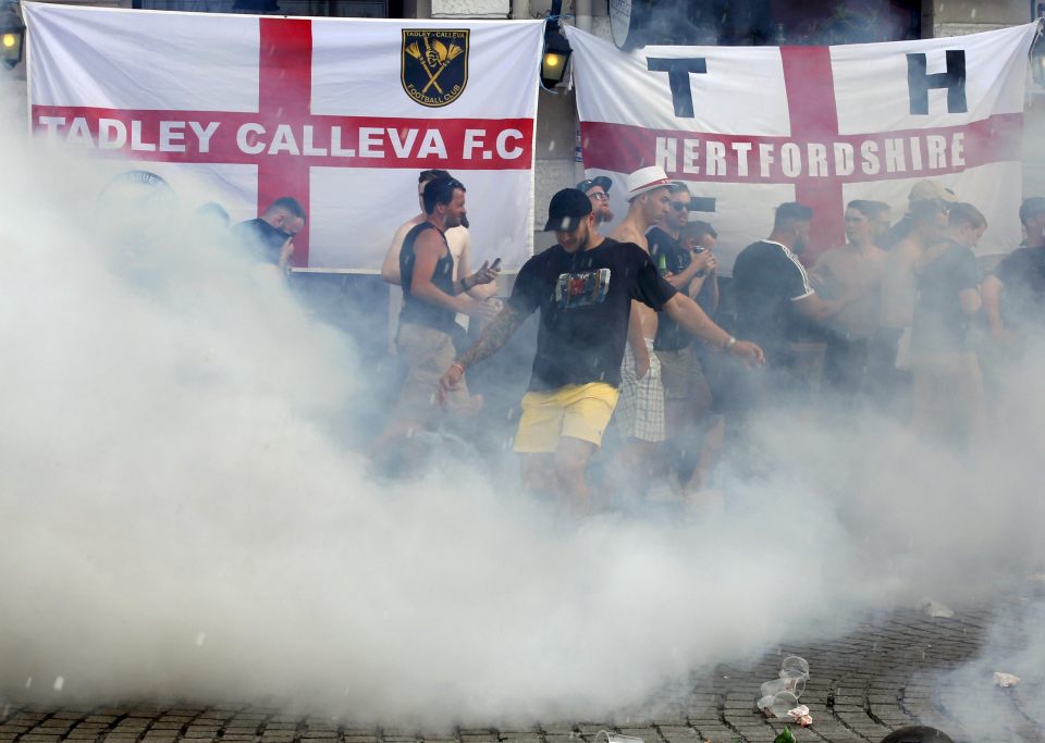 England fans confront riot police ahead of England's EURO 2016 match in Marseille