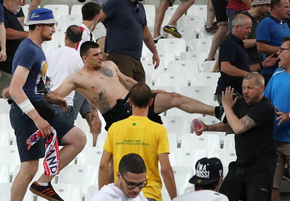 Russian supporters waded into the England section of the Stade Velodrome to attack fans