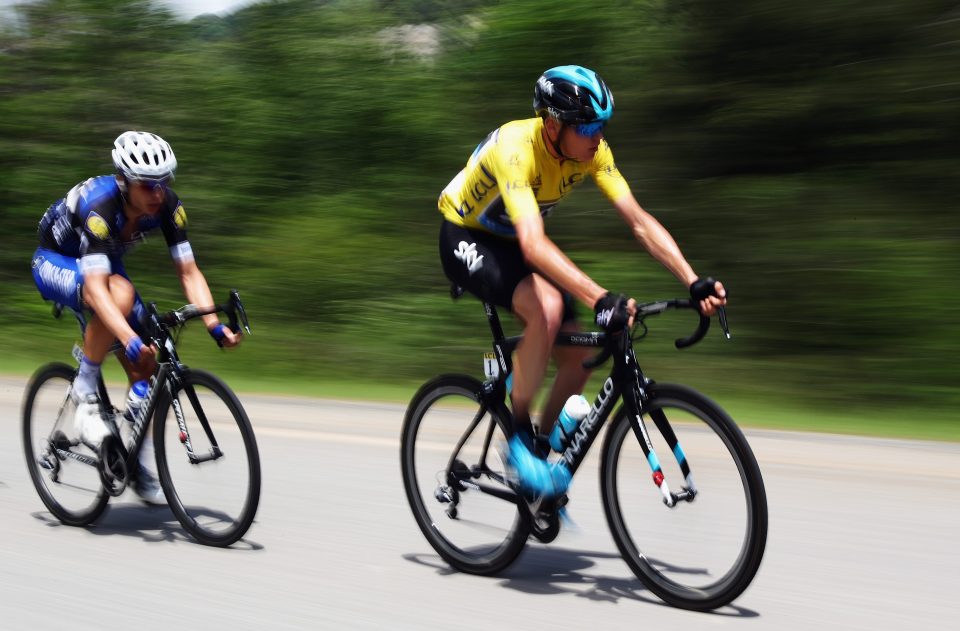 Chris Froome in the leaders jersey at Criterium du Dauphine