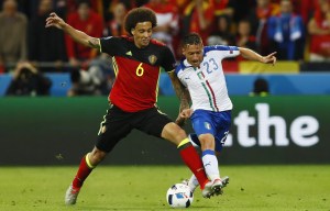 Football Soccer - Belgium v Italy - EURO 2016 - Group E - Stade de Lyon, Lyon, France - 13/6/16 Belgium's Axel Witsel in action with Emanuele Giaccherini REUTERS/Jason Cairnduff Livepic