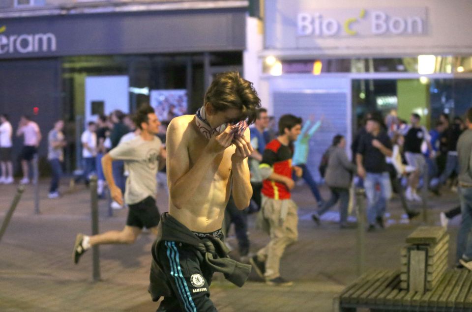 Last night fans were tear gassed by riot cops after violence broke out between English and Russians