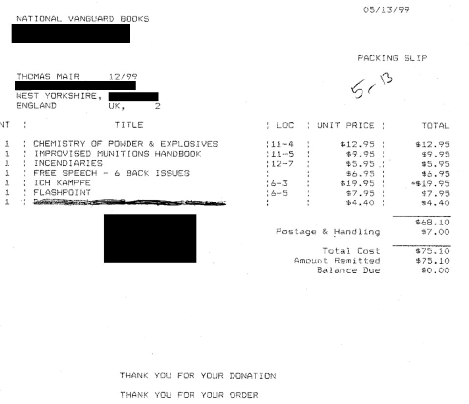Receipts from an online bookshop reveal what Tommy Mair ordered raising questions about what else he was planning 