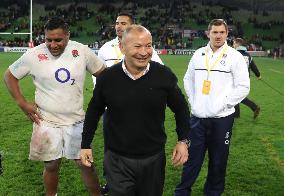 Eddie Jones has a laugh with the players after England went 2-0 up in the series against Australia