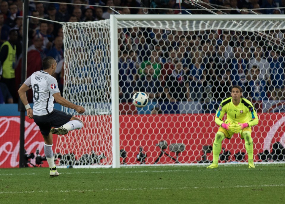 France playmaker Dimitri Payet's volley lashes against the crossbar